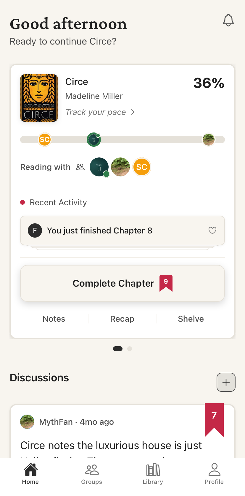 Chaptr app showing book progress for Circe by Madeline Miller